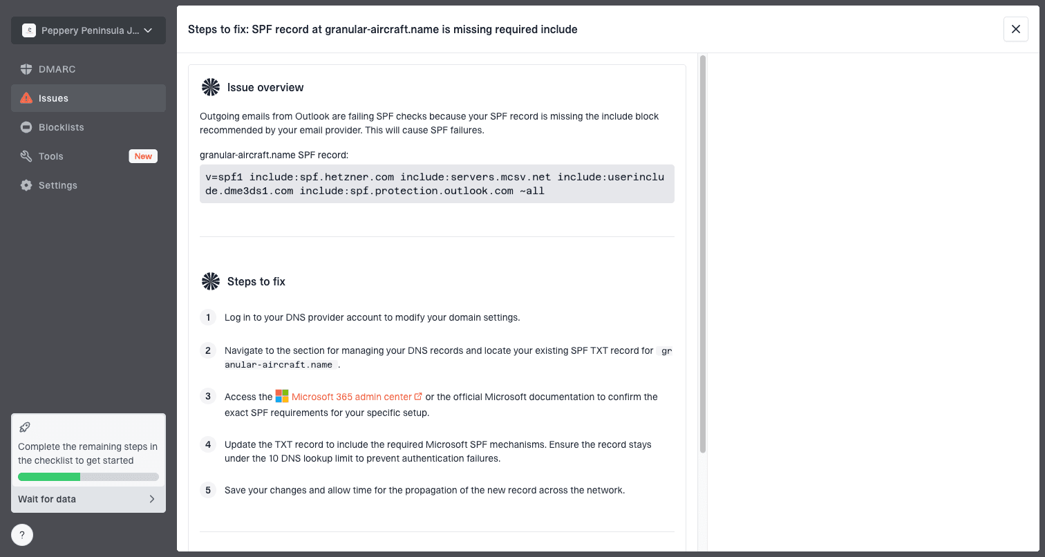 Issue steps to fix dialog showing the issue overview, tailored fix steps, and verification action