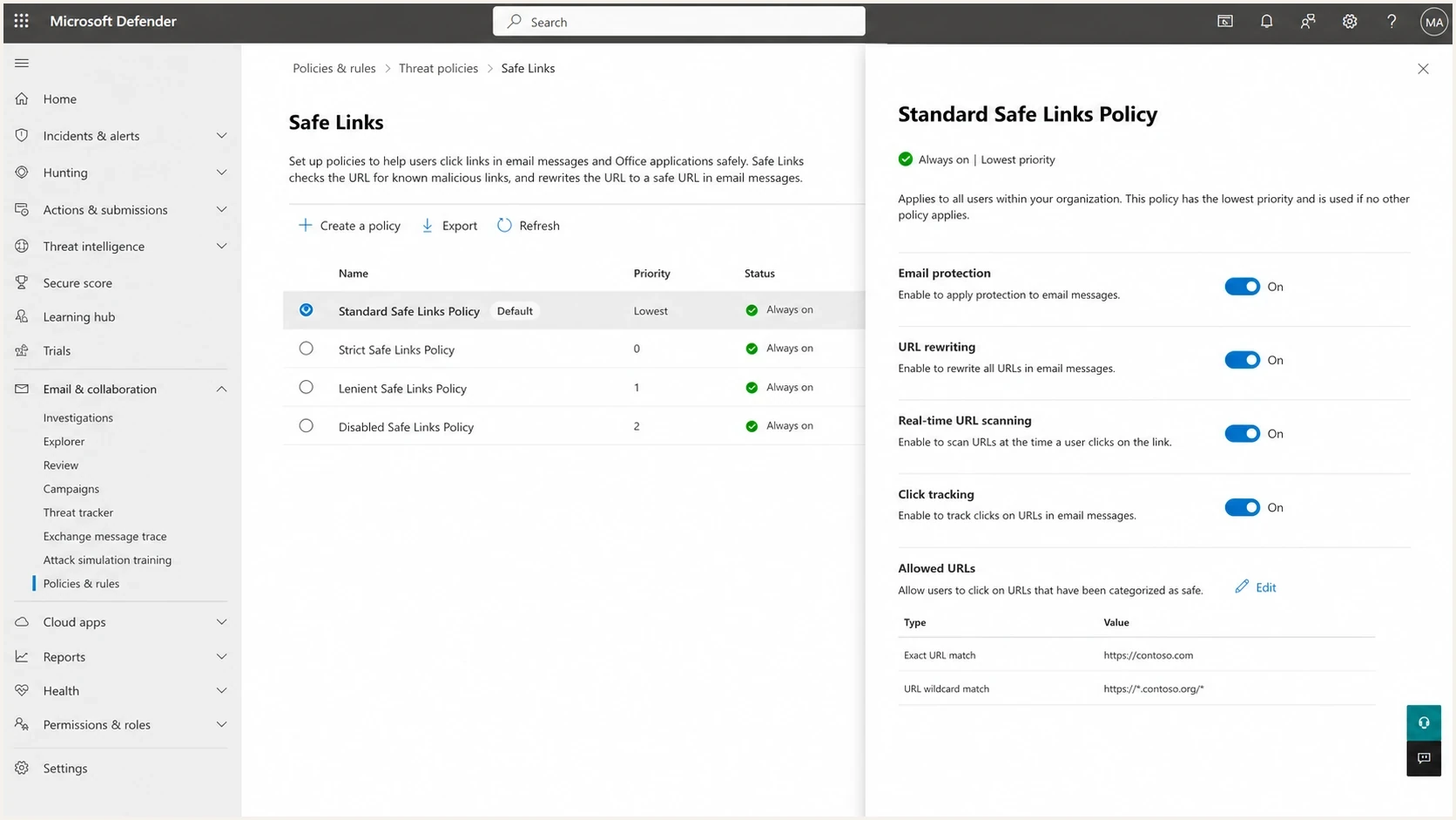 Microsoft Defender portal Safe Links policy settings screen.