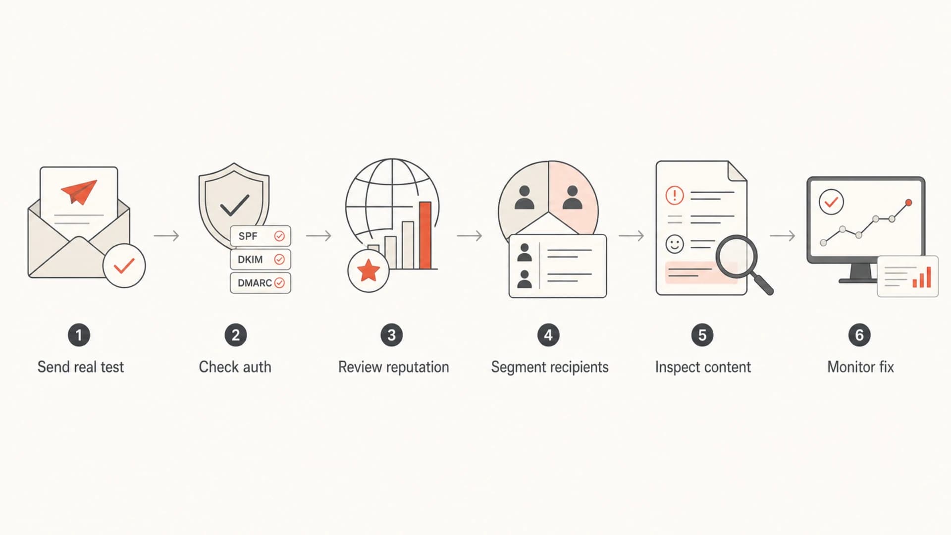 Flowchart showing a six-step email deliverability diagnosis process.