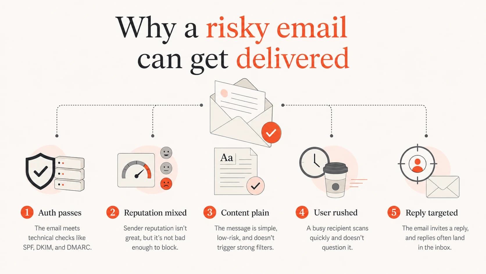 Infographic showing signals that let some risky emails get delivered.