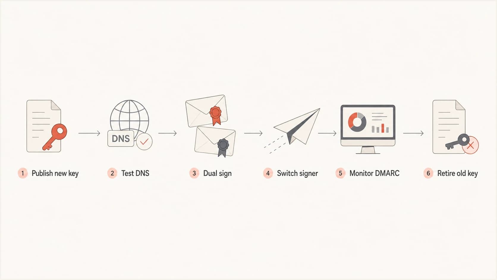 DKIM selector cutover flow from publishing a new key to retiring the old key.