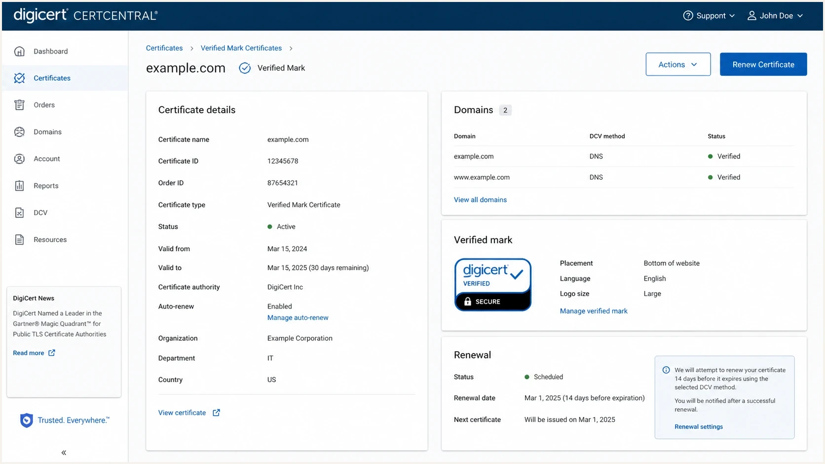 DigiCert CertCentral certificate details screen for checking VMC renewal scope.