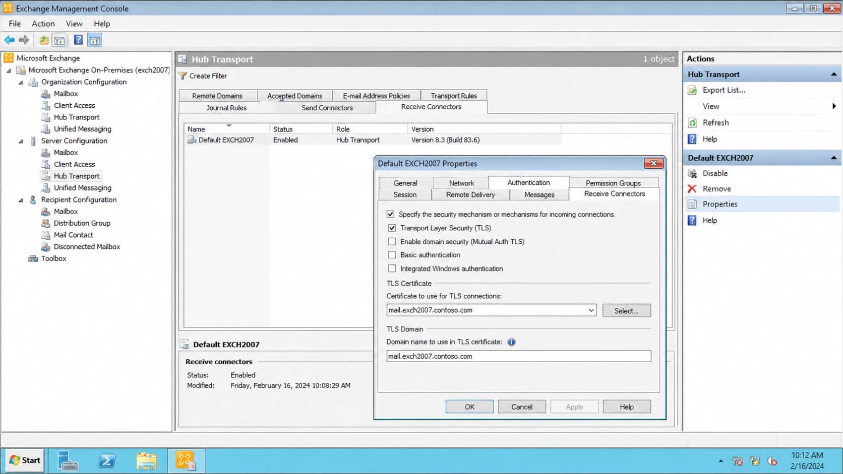Microsoft Exchange Management Console receive connector settings relevant to STARTTLS.