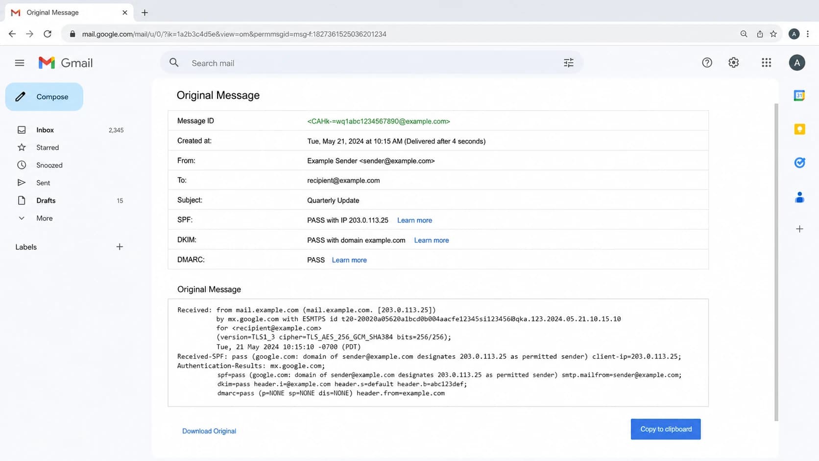 Gmail Show original view showing SPF pass and a sending IP.
