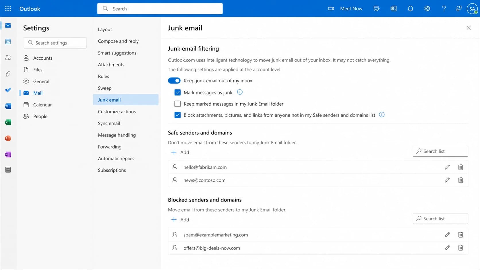 Example Outlook.com junk email settings screen.