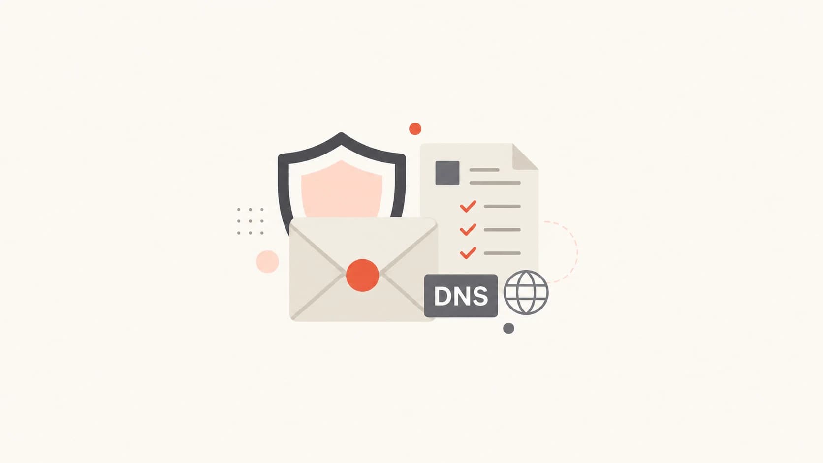 An email authentication report, shield, and DNS tag grouped as a security thumbnail.