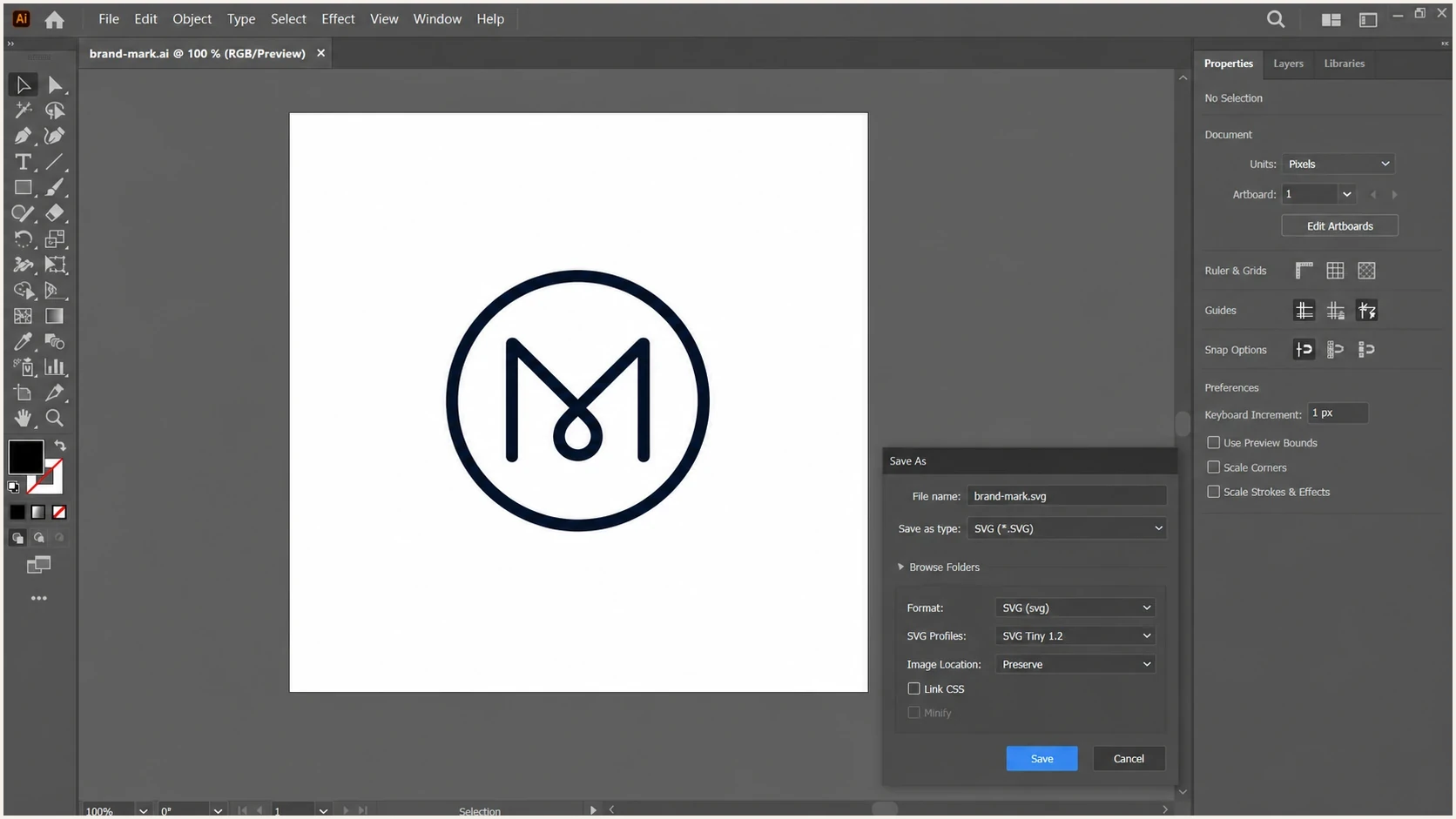 Adobe Illustrator SVG export settings for a square BIMI logo.