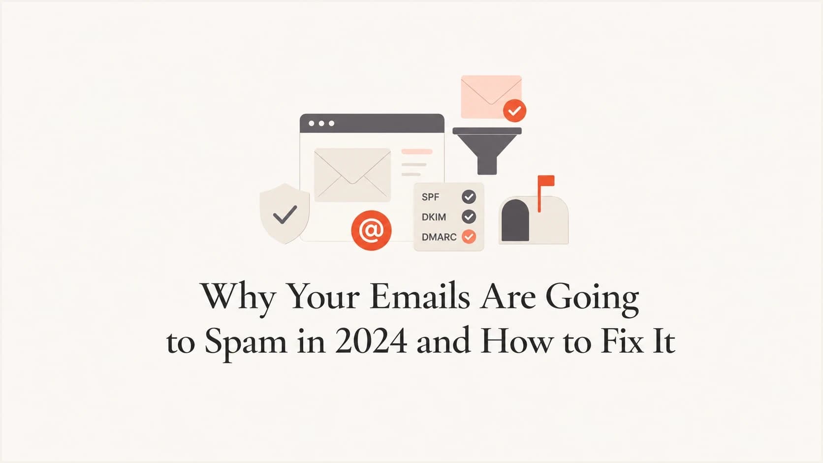 Article thumbnail about emails going to spam, SPF, DKIM, DMARC, sender reputation, list hygiene, and inbox placement.