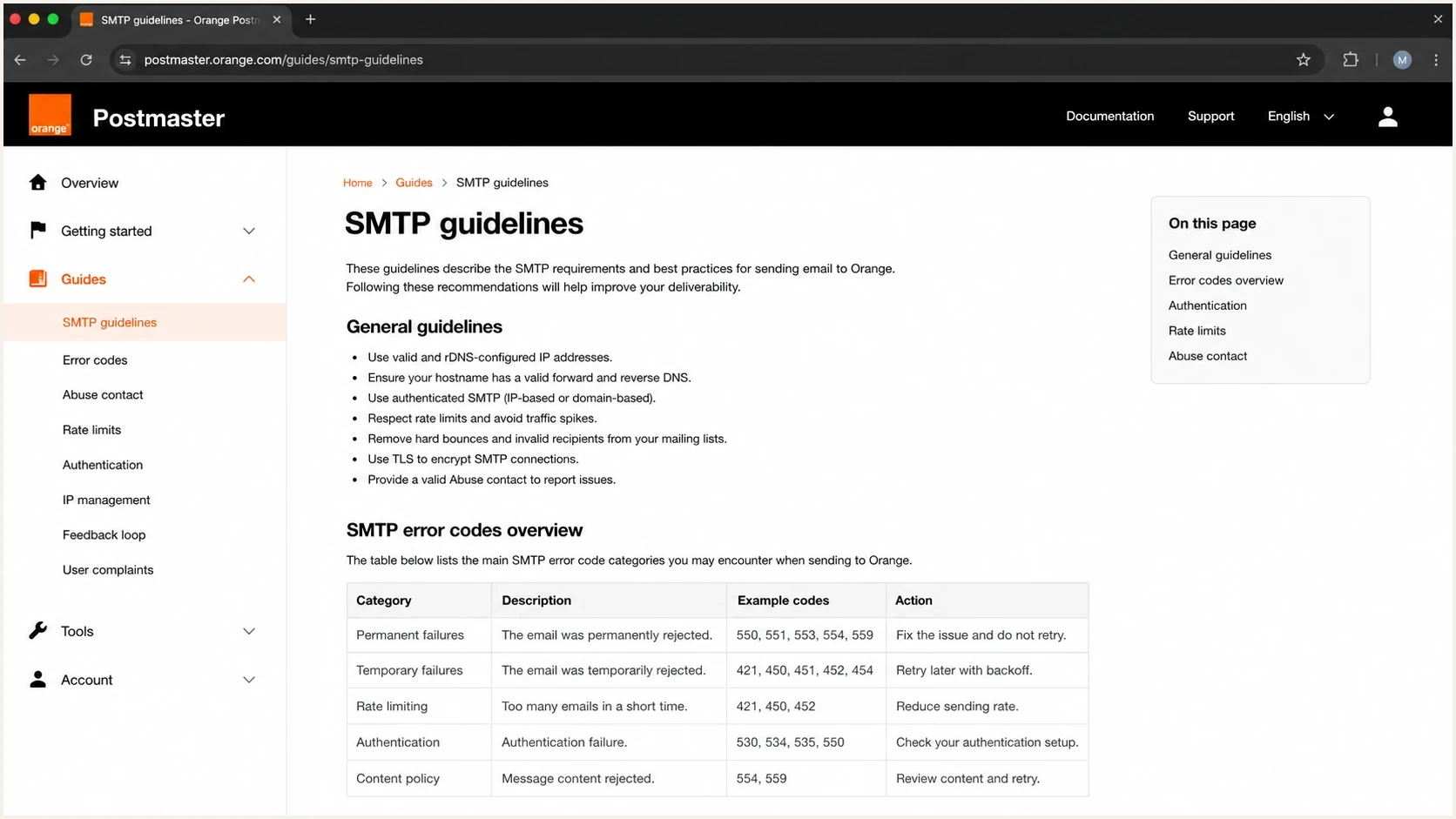 Screenshot-style view of the Orange Postmaster guidance website.