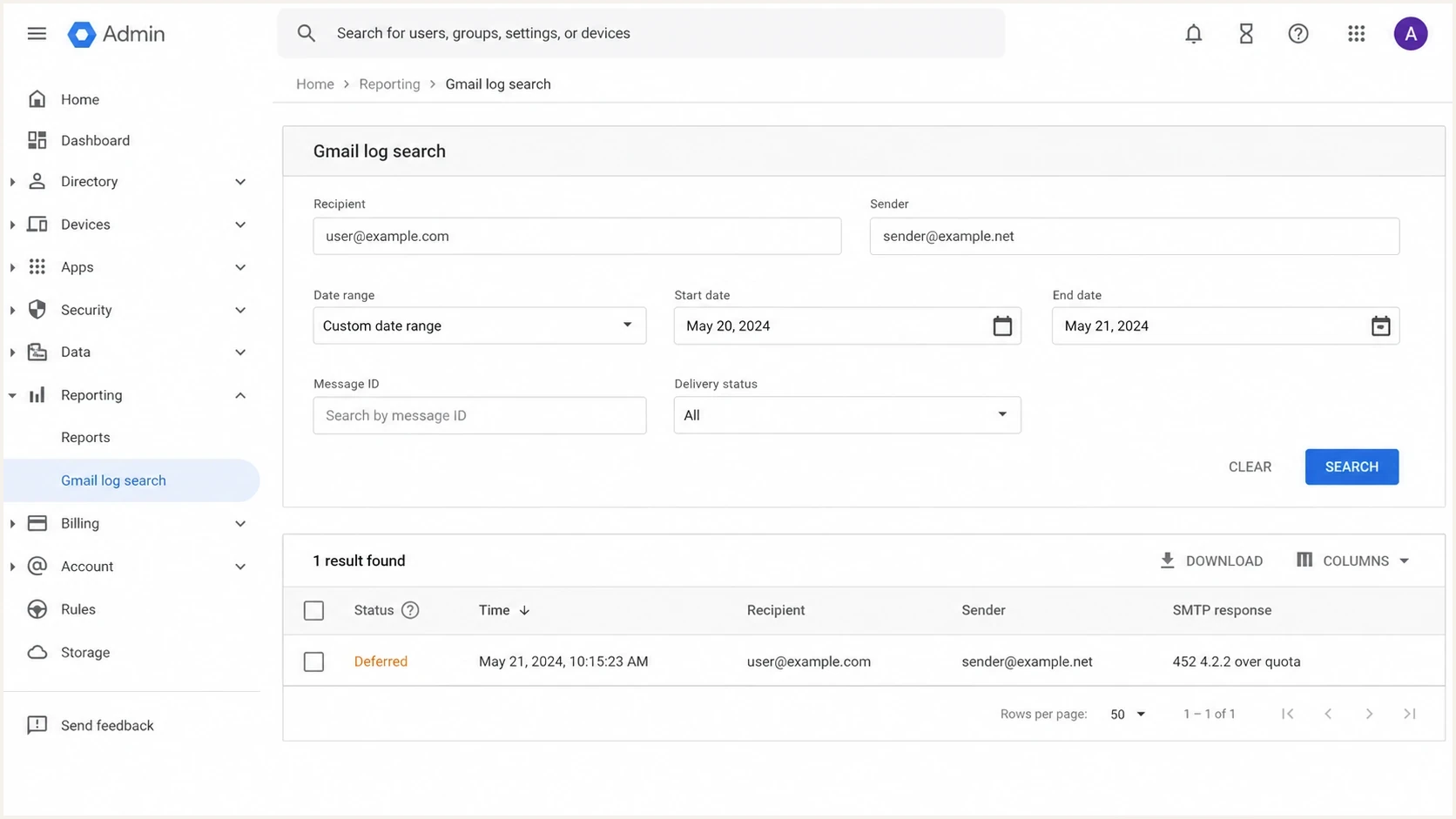 Google Workspace Admin console Email Log Search showing a deferred Gmail 452 4.2.2 over quota result.