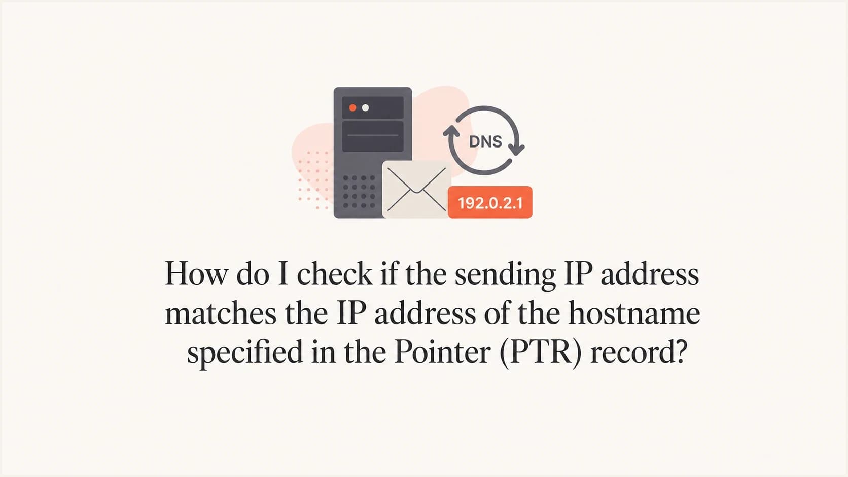 FCrDNS diagram with a mail server, sending IP tag, and reverse DNS arrow.