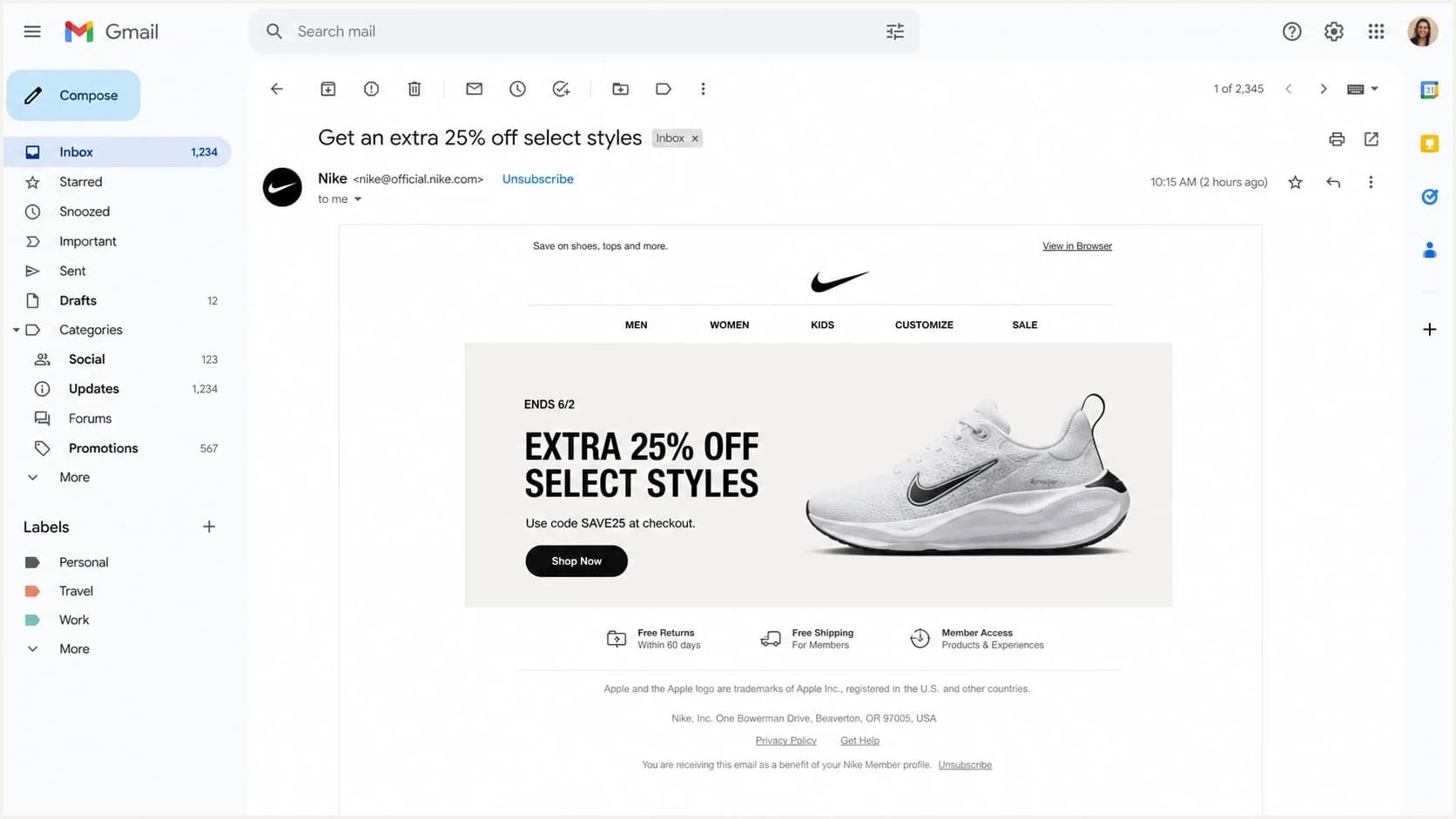 Gmail message view showing a native unsubscribe action and a footer link.