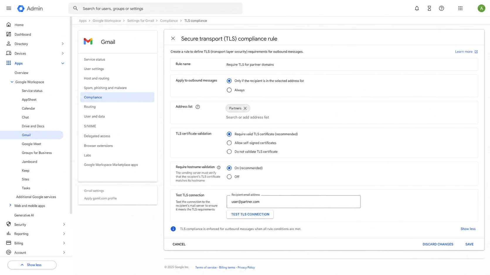 Google Workspace Admin console screen for Secure transport TLS compliance.