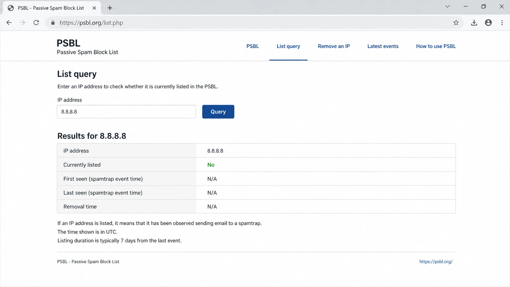 Screenshot-style view of the PSBL listing lookup page with an IP search form and event history.