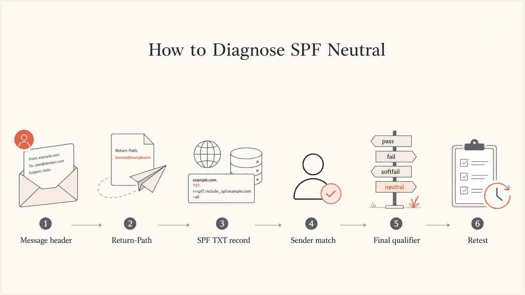Flowchart showing how to diagnose SPF neutral from message headers to retesting.