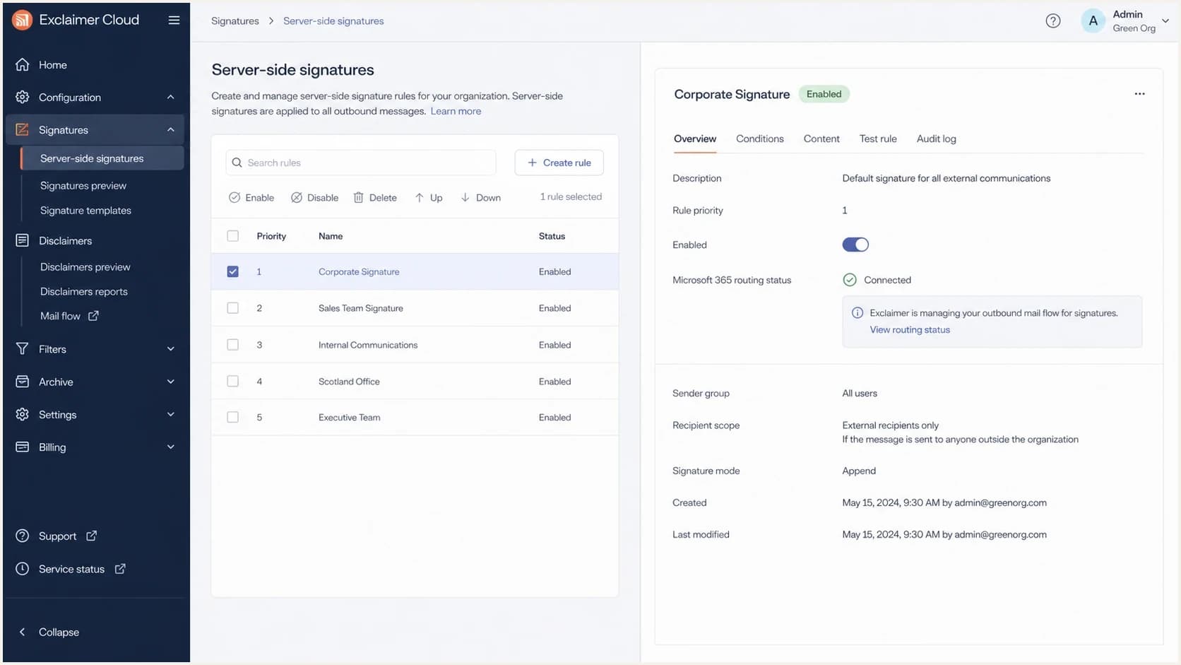 Exclaimer Cloud signature rule screen showing routing and signature settings.
