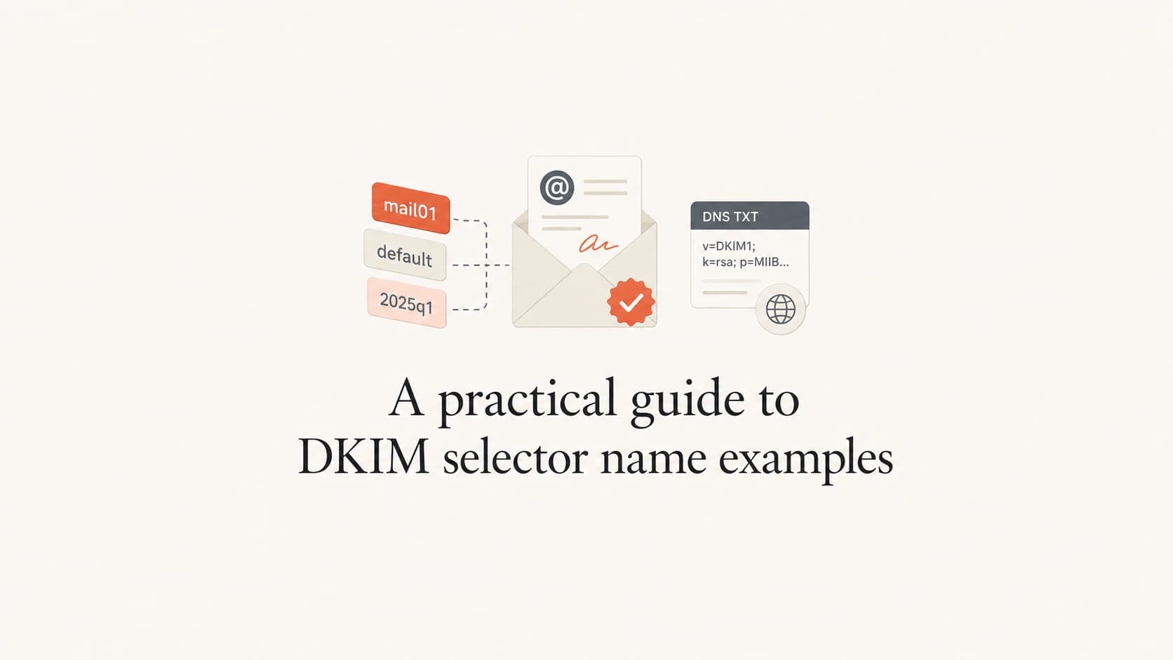 A DKIM selector guide thumbnail with DNS and signed email objects.