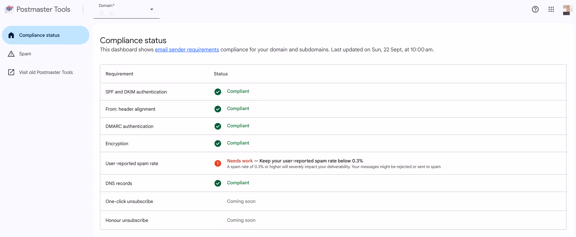 Google Postmaster Tools V2 Compliance status dashboard showing Needs work sender requirement errors.