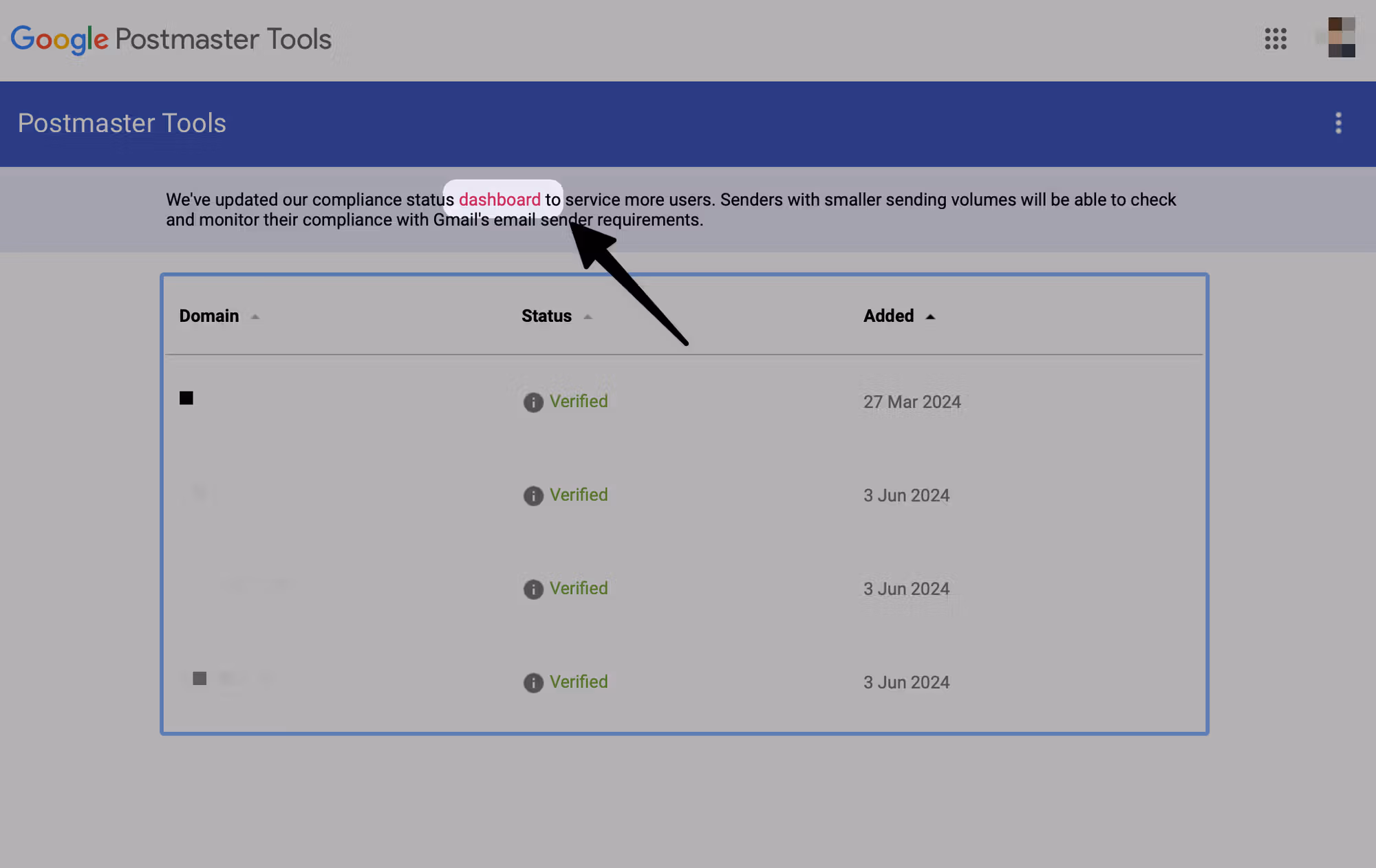 Google Postmaster Tools V2 dashboard link in the Gmail sender interface.