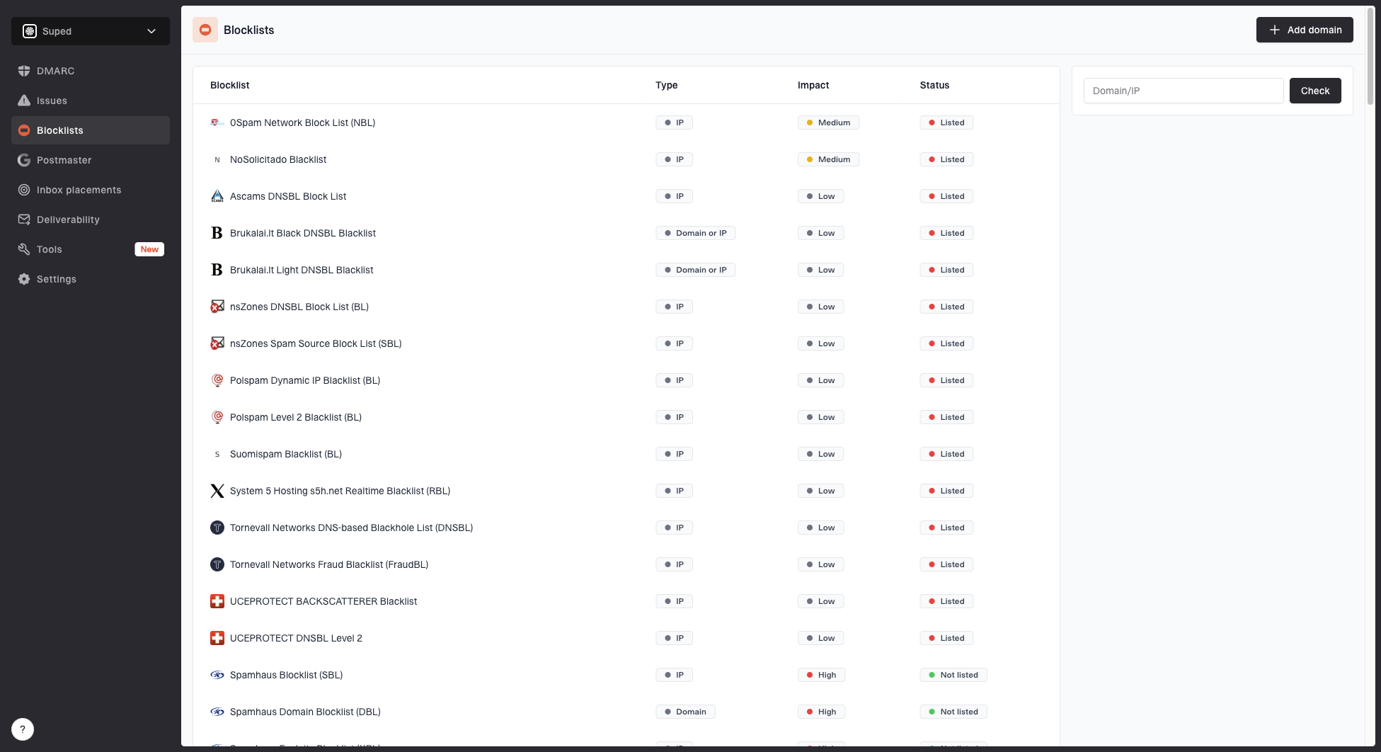 Blocklist monitoring page showing domain and IP checks across blocklists with importance and status