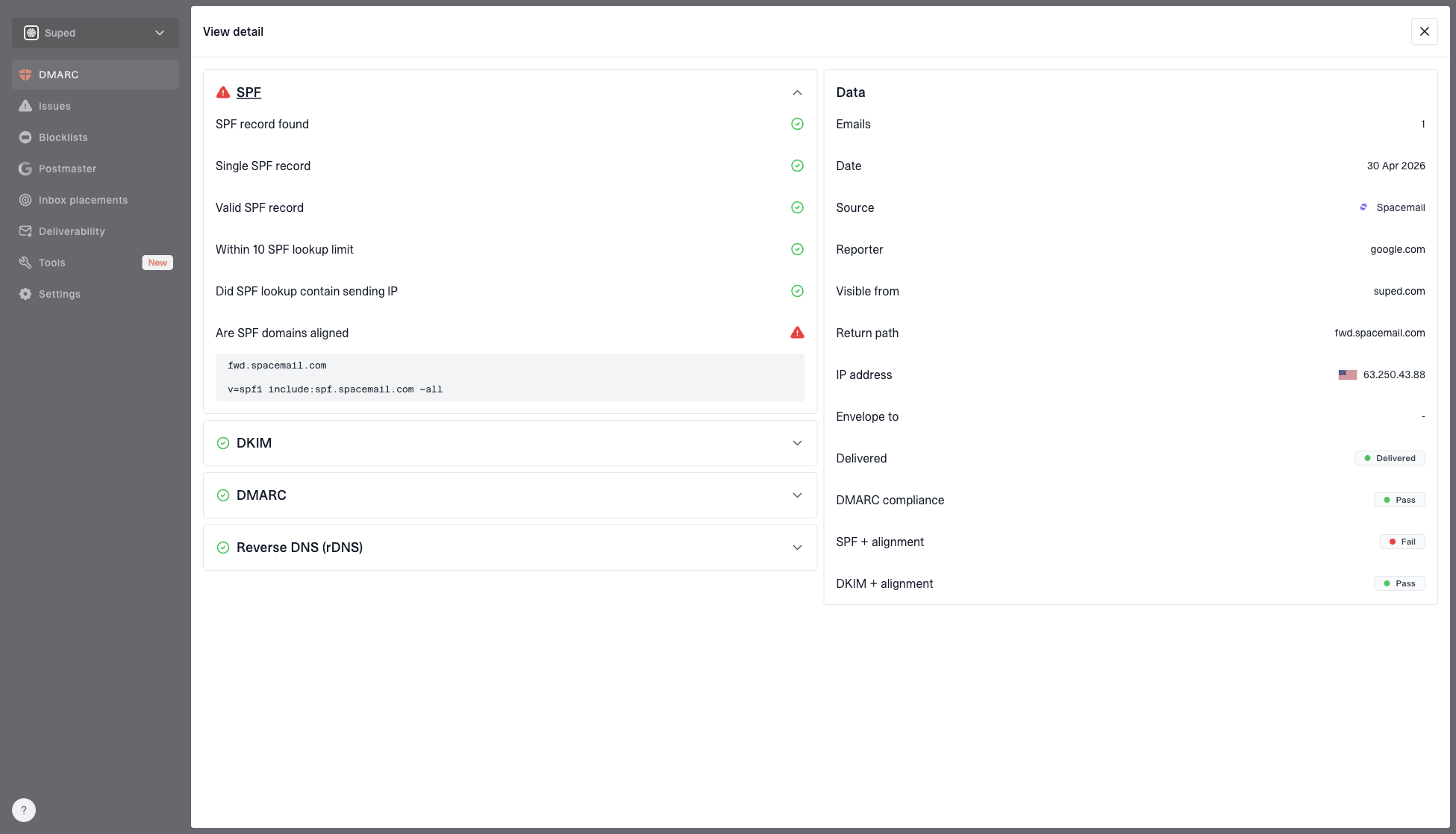 DMARC record detail view showing SPF, DKIM, DMARC, rDNS diagnostics, and DNS records