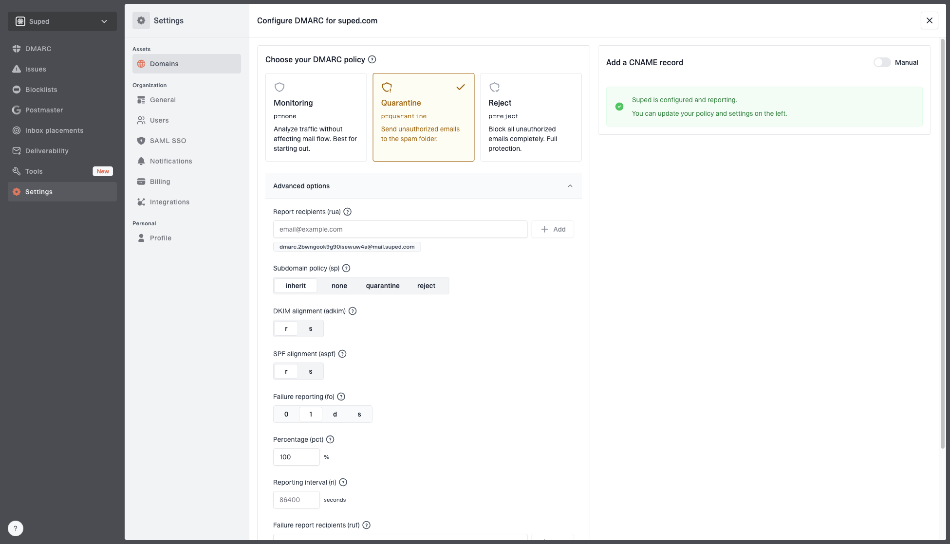 Hosted DMARC configuration dialog showing policy controls, CNAME setup, and expanded advanced options