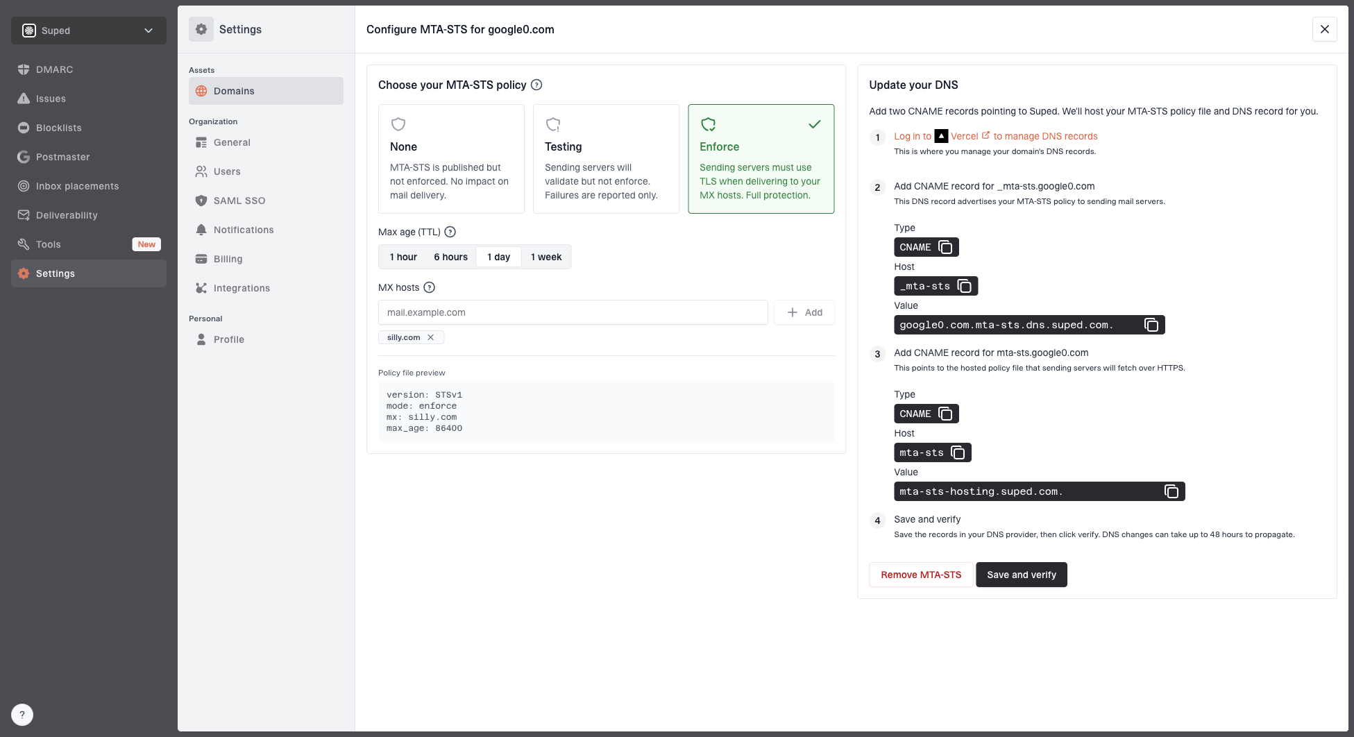 Hosted MTA-STS configuration dialog showing policy mode, MX hosts, CNAME records, and verification
