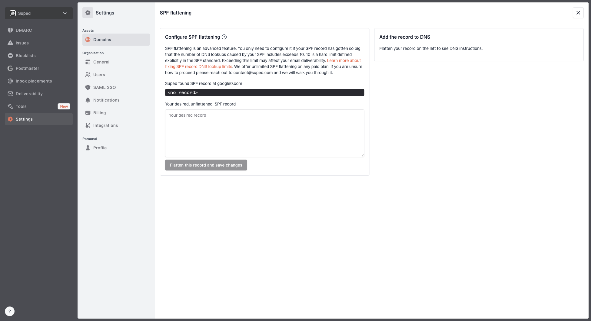 Hosted SPF and SPF flattening drawer showing desired SPF record, hosted include, and DNS setup