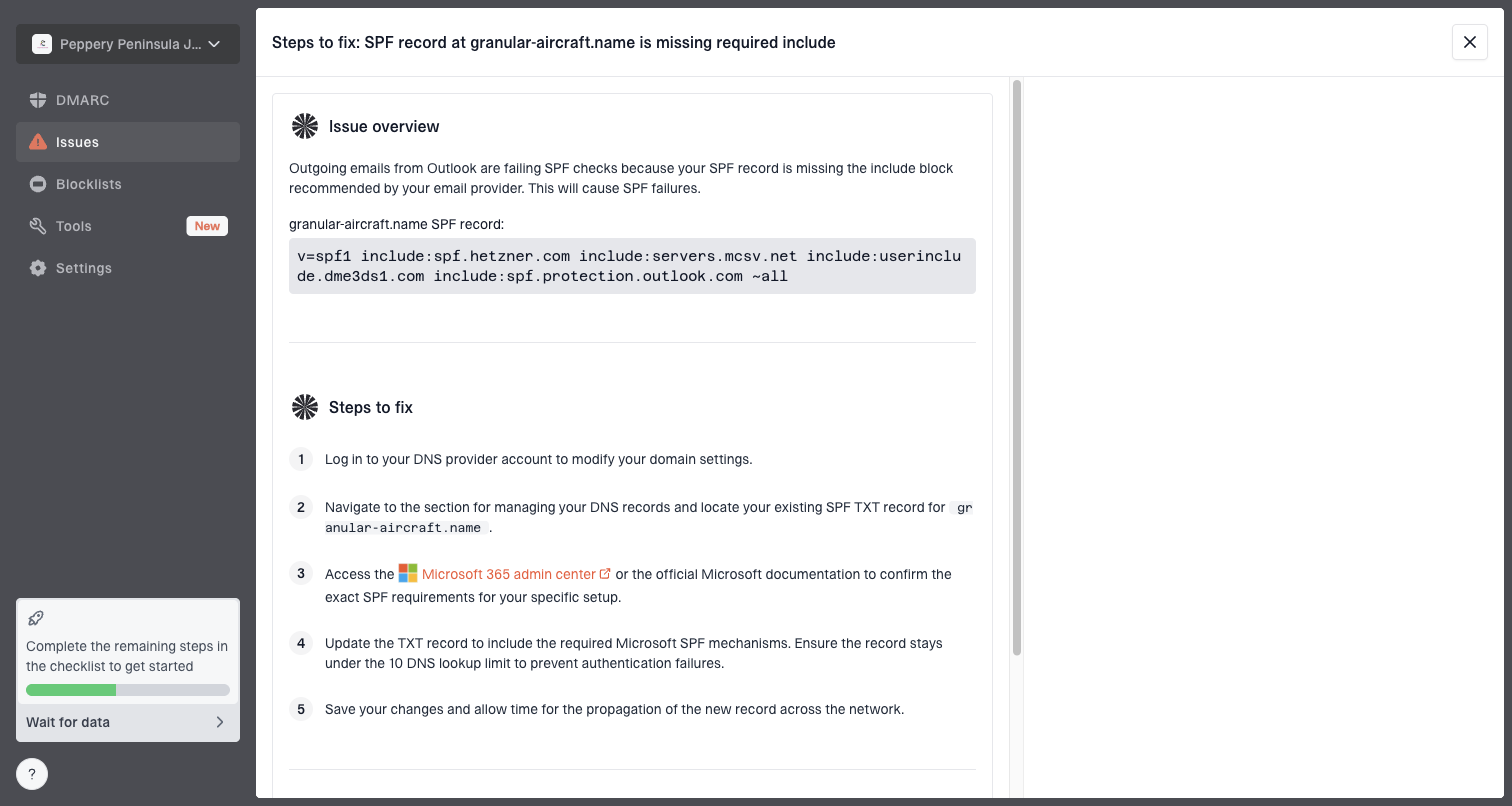 Issue steps to fix dialog showing the issue overview, tailored fix steps, and verification action