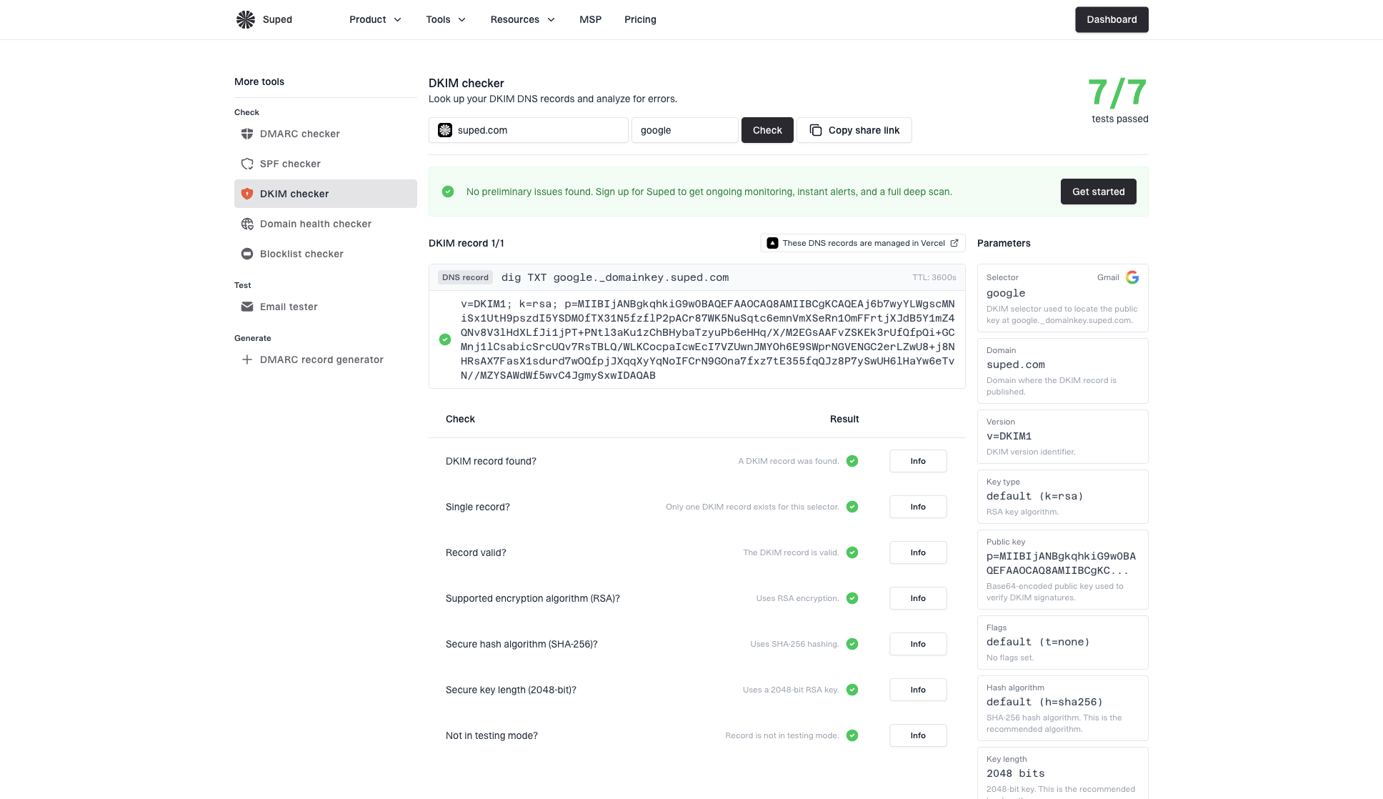 DKIM checker sample results showing selector, DKIM DNS record, validation checks, parameters, and share link